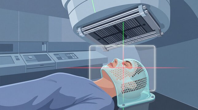 Radiation therapy treatment for cancer patient, medical linear accelerator with laser guidance, oncology clinic procedure