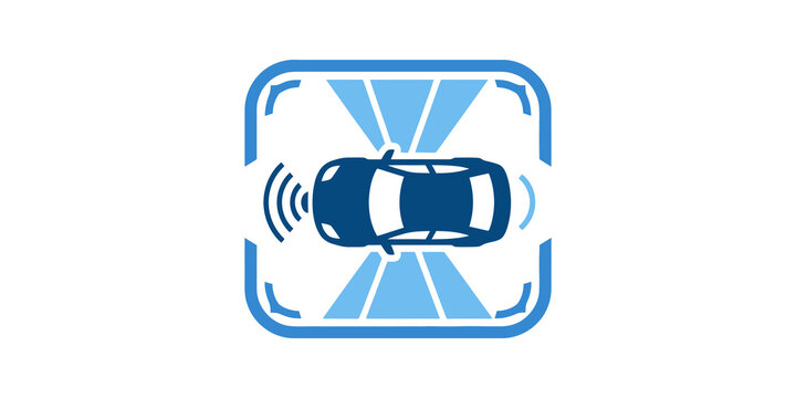 Autonomous car sensor technology icon with blue bird eye view signal.