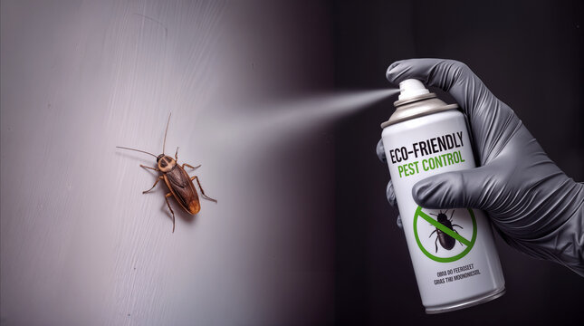 Exterminator spraying cockroach with eco-friendly pesticide. Professional pest control service using non-toxic aerosol spray to eliminate household insects.