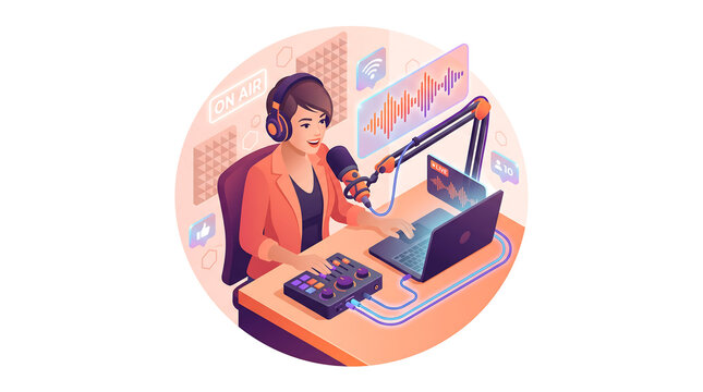Professional female podcaster streaming digital content using microphone and mixing console in a creative audio workspace isometric vector