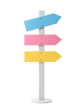 Colorful wooden directional signpost with three arrows as isolated object