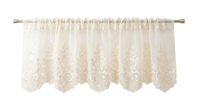 White lace curtain valance hanging on metal rod as isolated object