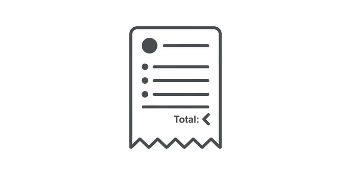 Minimalist grey paper receipt icon with total sum and bullet points.