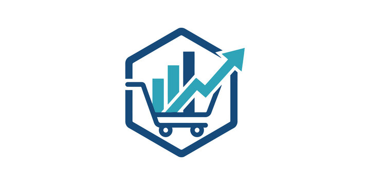 Hexagonal shopping cart icon with rising bar chart and growth arrow.
