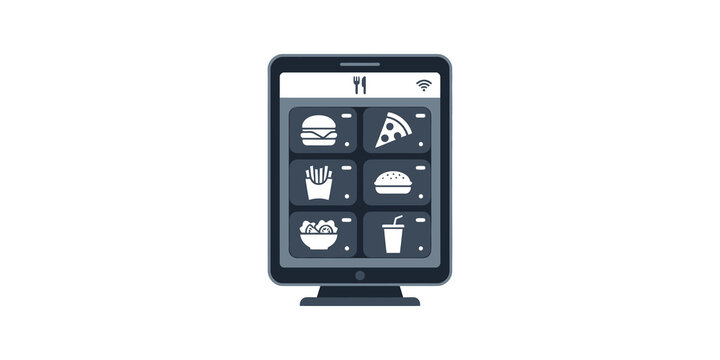 Digital menu kiosk monitor showing food items for restaurant ordering system.