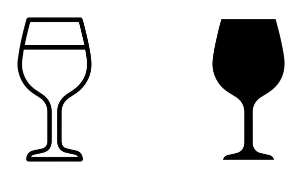 Wine Glass Icons, Outline and Silhouette, Beverage Drinkware Symbols, Alcohol Serving Glassware