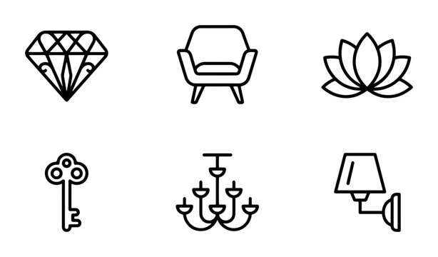Elegant Line Art Icons: Diamond, Armchair, Lotus, Key, Chandelier, Lamp. Minimalist Vector Set for Interior Design, Luxury, and Lifestyle Concepts