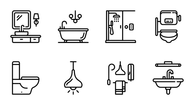 Bathroom Icons Set, Modern Line Art Fixtures, Plumbing Elements, Sanitary Ware Collection, Clean Design