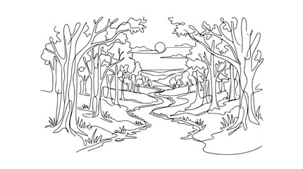 Obraz premium Black and White Line Art Forest Path Landscape with River and Sun