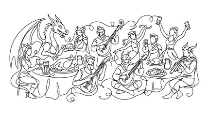 Naklejka premium Fantasy Feast Celebration: Dragon, Elves, Musicians, Dancing, Food, Drinks
