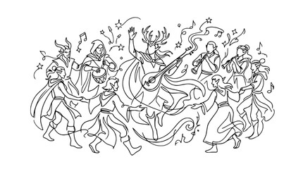 Obraz premium Fantasy Characters Dancing and Playing Music, Festive Celebration