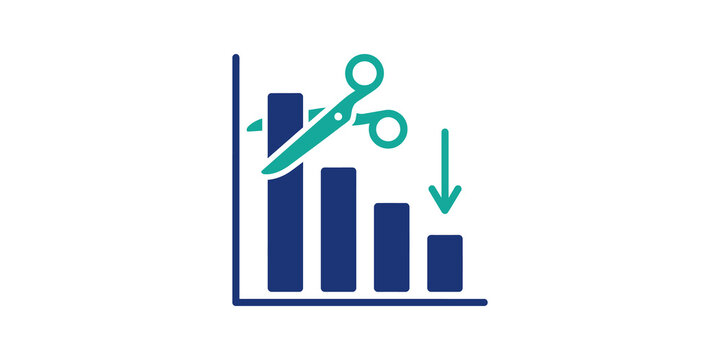 Business bar chart reduction icon with scissors for cost cutting loss.