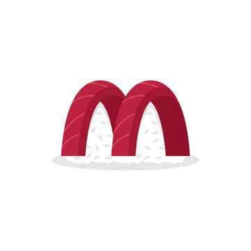 Creative fast food logo art sushi letter M fresh tuna rice Japanese food iconic shape playful design culinary art restaurant branding quick meal appetizing delicious ingredient raw fish