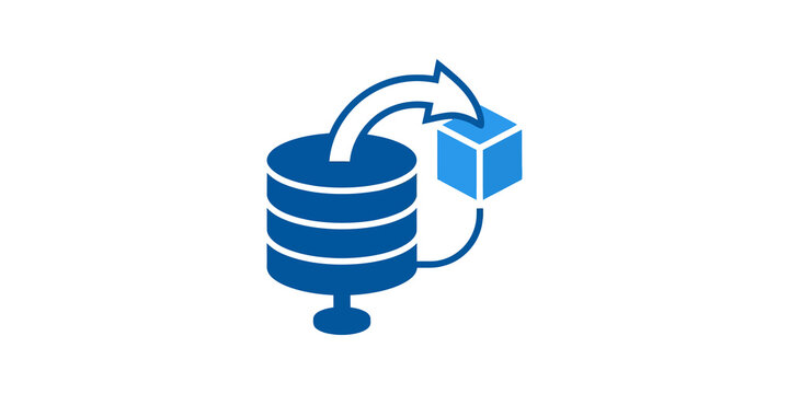 Blue database migration icon with arrow and cube for cloud networking.