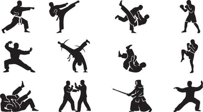 A collection of twelve black silhouette depicting various martial arts poses, including karate kicks, judo throws, boxing stances, capoeira movements, and kendo sword fighting techniques