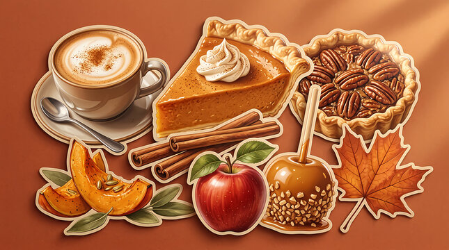 Autumn food collection with pumpkin pie apple cider and maple leaves for fall season