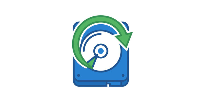 Hard drive disk backup flat icon with green rotating arrow for recovery.