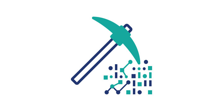 Data mining pickaxe icon features teal and blue digital pixel blocks.