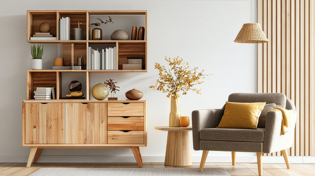 a modern living room interior design with a wooden bookcase cabinet and a white wall background