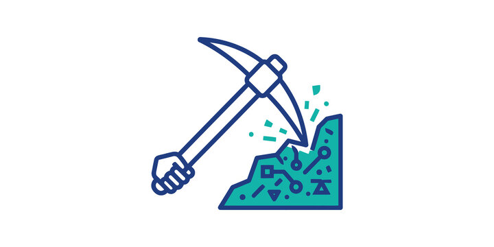 Digital asset mining pickaxe blue icon for crypto blockchain extraction.
