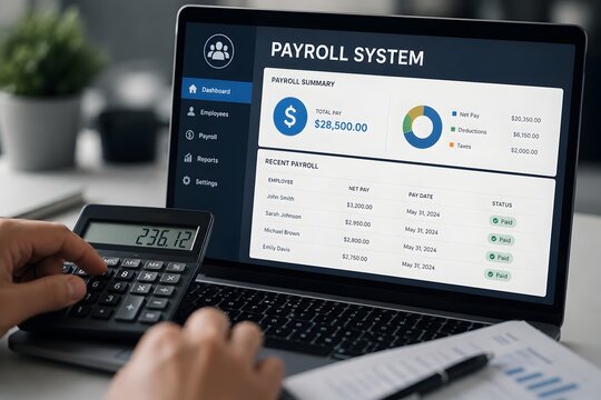 A person using a calculator for payroll system on laptop screen for business finance and accounting concept.