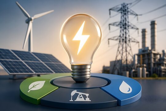Renewable energy sources and traditional power generation for concept of energy transition and sustainability.