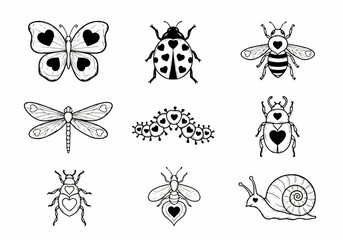 Obraz premium Black and white insect and bug illustrations with hearts