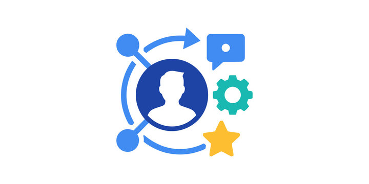 User persona icon with gear star and chat bubble for business analytics.