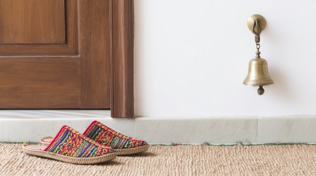 Colorful embroidered jutti shoes on jute mat with brass bell, entryway decor concept