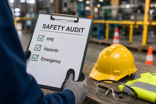 Safety audit checklist on a clipboard in a factory setting with a hard hat and safety glasses.