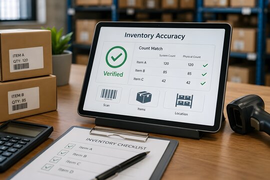 Inventory accuracy on a tablet screen in a warehouse for the concept of logistics and supply chain management.