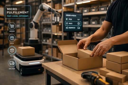Micro-fulfillment robot working alongside a human worker in a warehouse for the concept of automation and logistics.