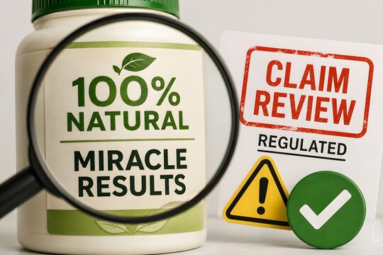 A bottle with 100% Natural Miracle Results label under a magnifying glass next to a claim review regulated sign and a checkmark for the concept of natural product inspection and regulation.