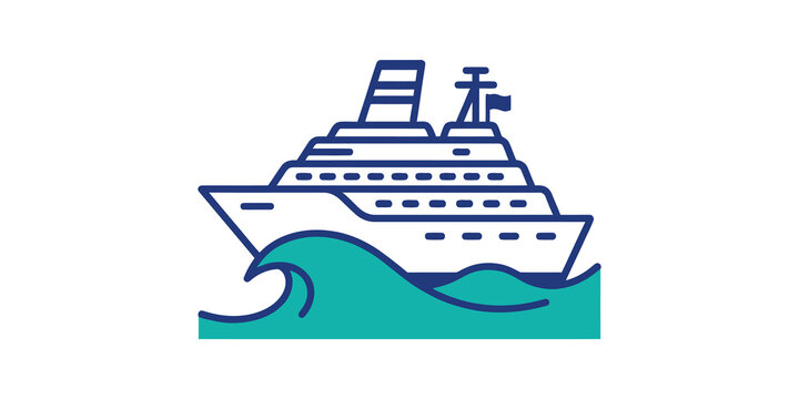 Large passenger cruise liner icon with blue outlines and teal waves.
