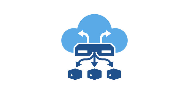 Network routing cloud icon with blue server nodes for traffic management.