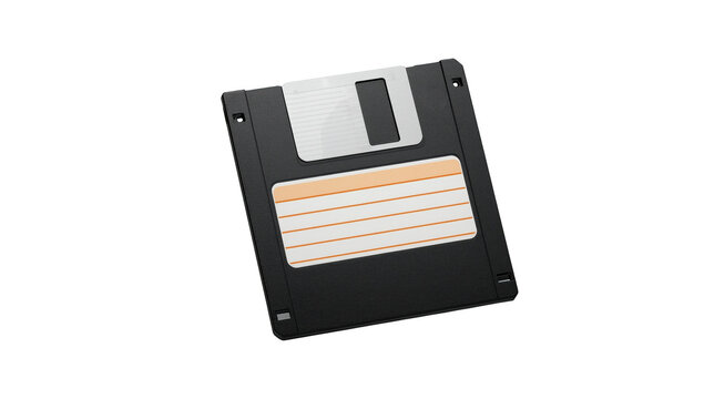 Vintage black 3.5 inch floppy disk with blank label isolated on a solid black background, for retro computing isolated on a transparent background