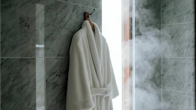 White bathrobe hanging on a tiled wall next to a steamy shower. Luxury bathroom interior with hot steam rising