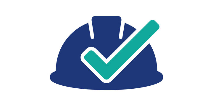 Hard hat icon dark blue teal check mark design for safety requirements.