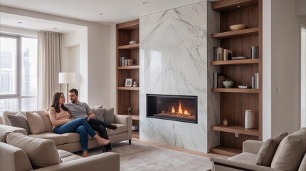 Fototapeta premium Relaxed young couple sitting on sofa in luxury apartment with marble fireplace. Modern interior design and real estate concept.