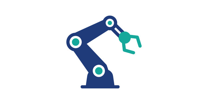 Industrial robotic arm illustration with blue and teal mechanical parts.