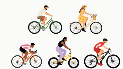 Fototapeta premium Diverse young people riding different bicycle types vector set