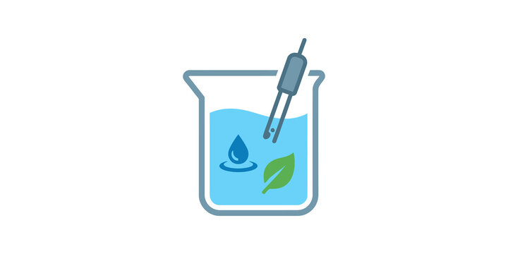 Science laboratory beaker flat icon with leaf and water droplet logo.