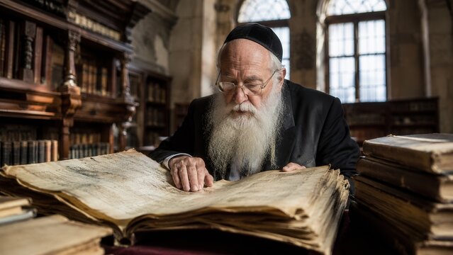 Elderly Jewish rabbi studying ancient religious manuscript in historic library with deep spiritual devotion and wisdom