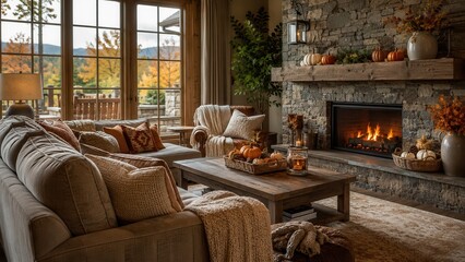 Naklejka premium Cozy autumn living room with stone fireplace warm seasonal decor and rustic home interior by large windows