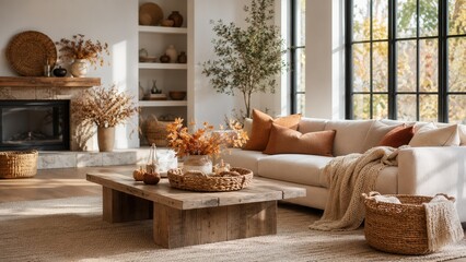 Naklejka premium Cozy autumn living room interior with warm seasonal decor fireplace soft blankets and elegant modern home style