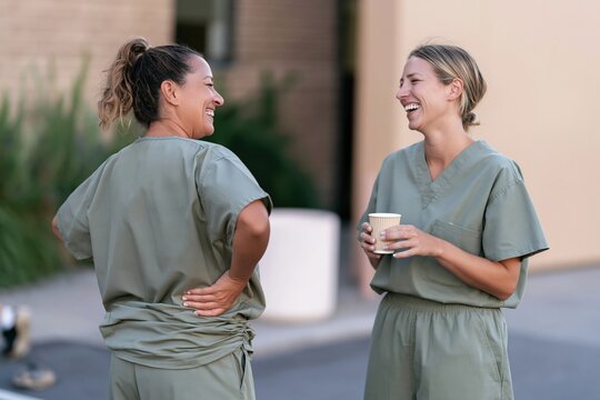 Two healthcare workers in sage green scrubs chatting during a natural coffee break outdoors, for workplace wellbeing and staffing