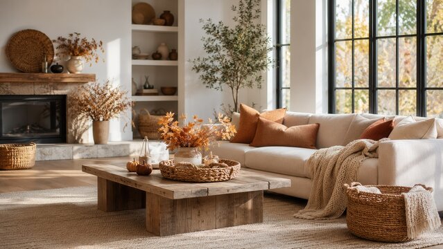 Cozy autumn living room interior with warm seasonal decor fireplace soft blankets and elegant modern home style