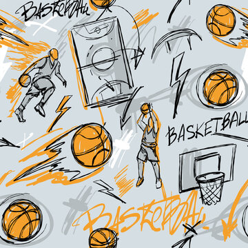 Basketball seamless vector pattern, sport background, sketch illustration