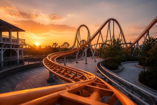 Roller Coaster Curving Through Empty Amusement Park Creates Architectural Photography with Sunset Motion and Drama