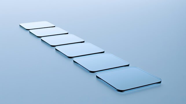 Five translucent, rounded square panels ascend diagonally on a reflective surface